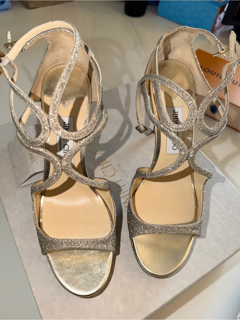 Jimmy Choo Glittery Gold Strappy High-Heel Sandals